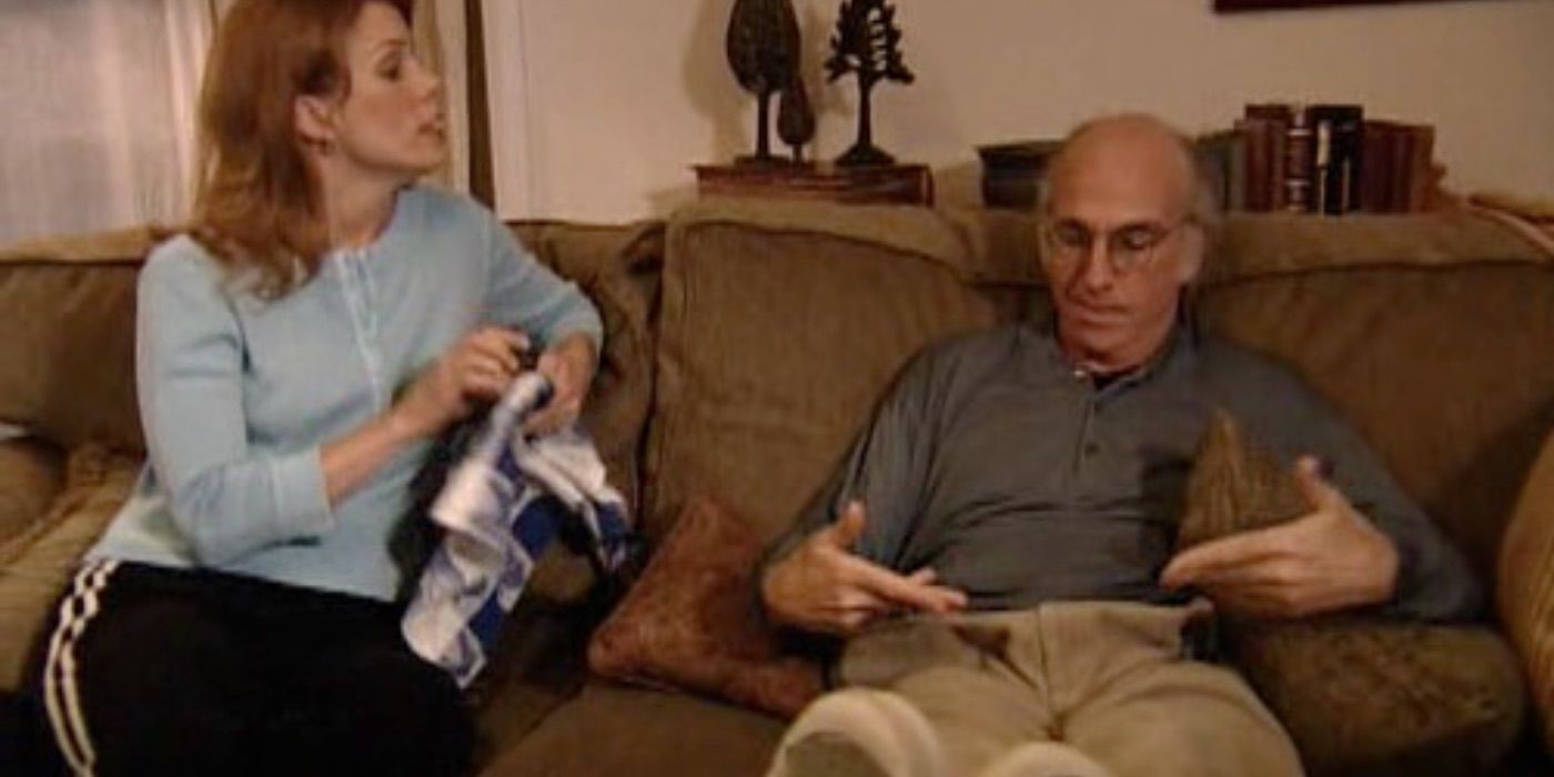 Larry shows Cheryl his pants tent in Curb Your Enthusiasm