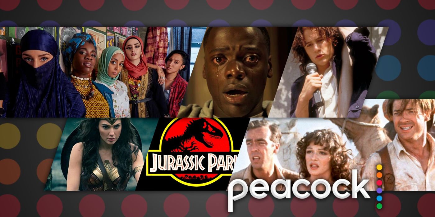 A custom image features characters from We Are Lady Parts, Get Out, 10 Things I Hate About You, Wonder Woman, and The Mummy along with the cropped Jurassic Park poster logo and the Peacock streaming logo