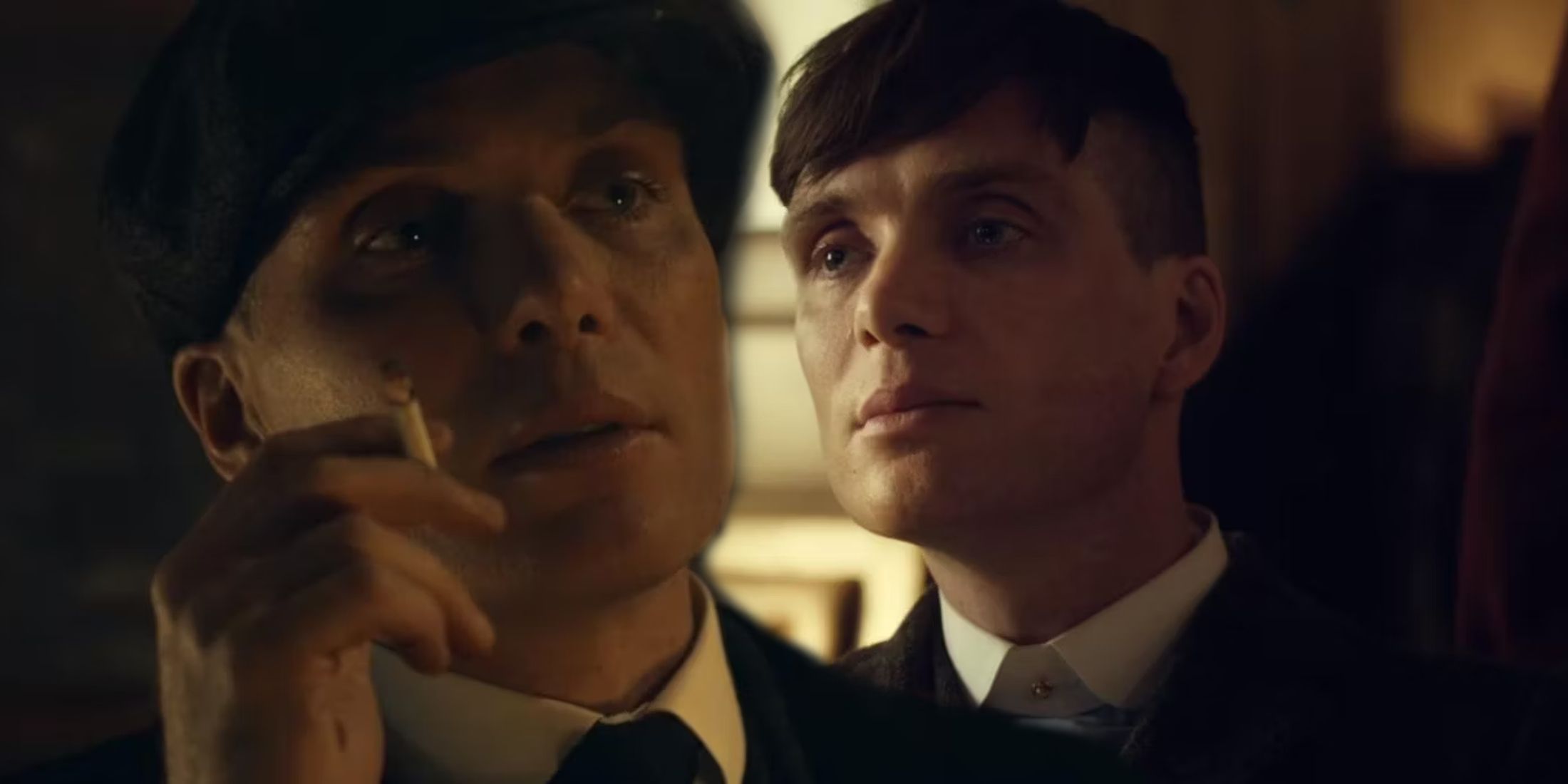 Cillian Murphy as Tommy Shelby smoking a cigarette next to Tommy looking serious in Peaky Blinders