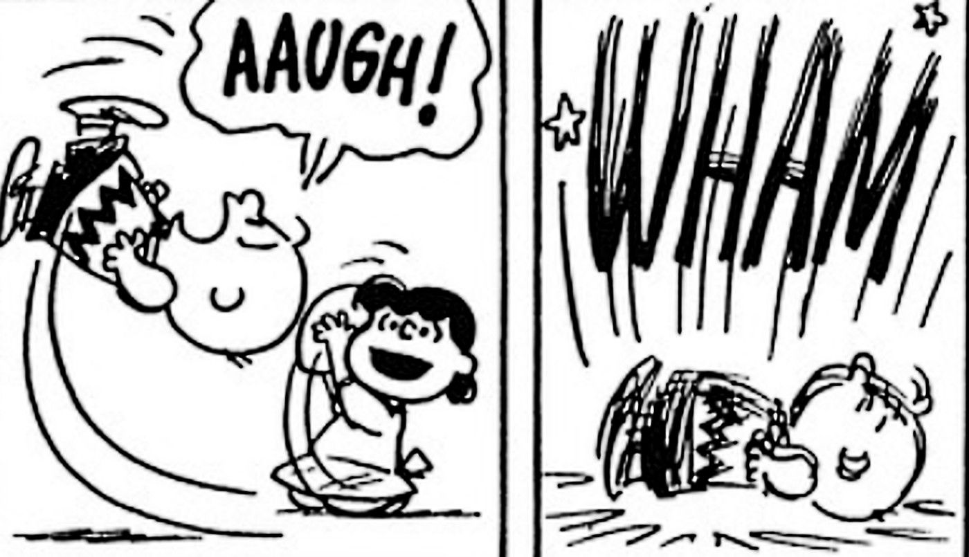 Charlie Brown manca il calcio, vola in aria e cade a terra