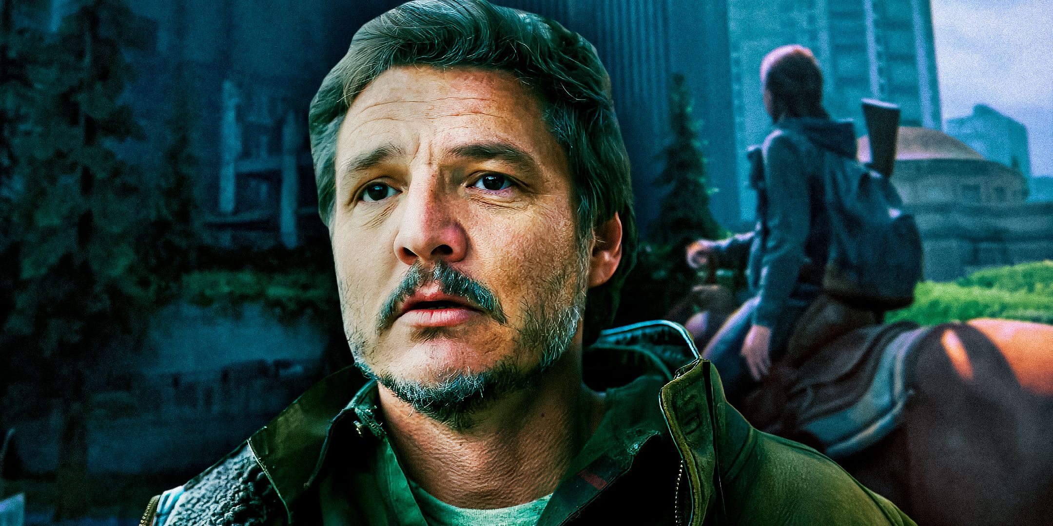 Pedro Pascal as Joel Miller from The Last of Us show and Ellie riding a horse in The Last of Us game in the background