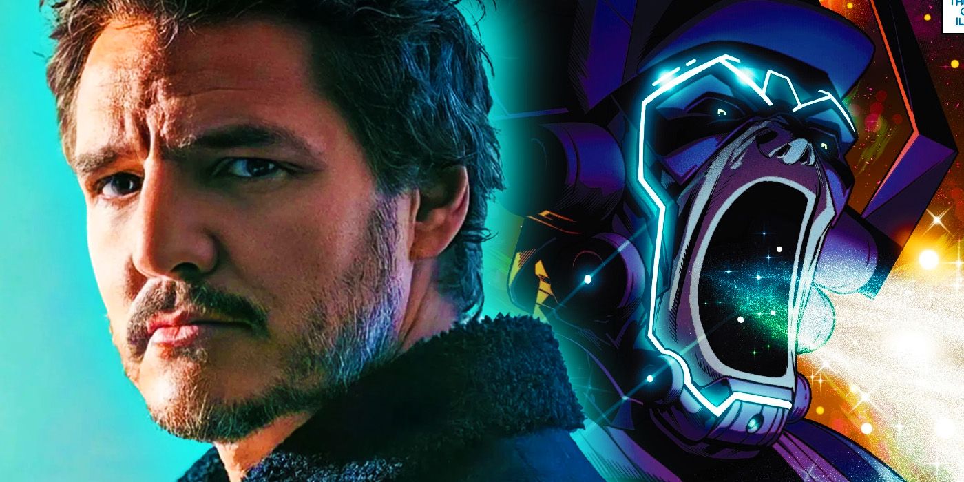 Pedro Pascal looking at the camera with Galactus devouring worlds in Marvel Comics' Fantastic Four Life Story