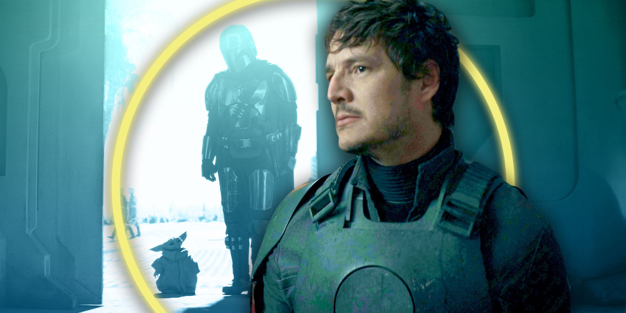 Pedro Pascal as Din Djarin in his Imperial disguise, edited with him and Grogu at the end of The Mandalorian season 3