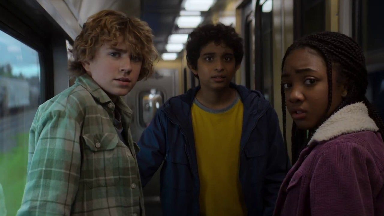 Percy (Walker Scobell), Grover (Aryan Simhadri) and Annabeth (Leah Jeffries) look fearfully at something in front of them in Percy Jackson and the Olympians