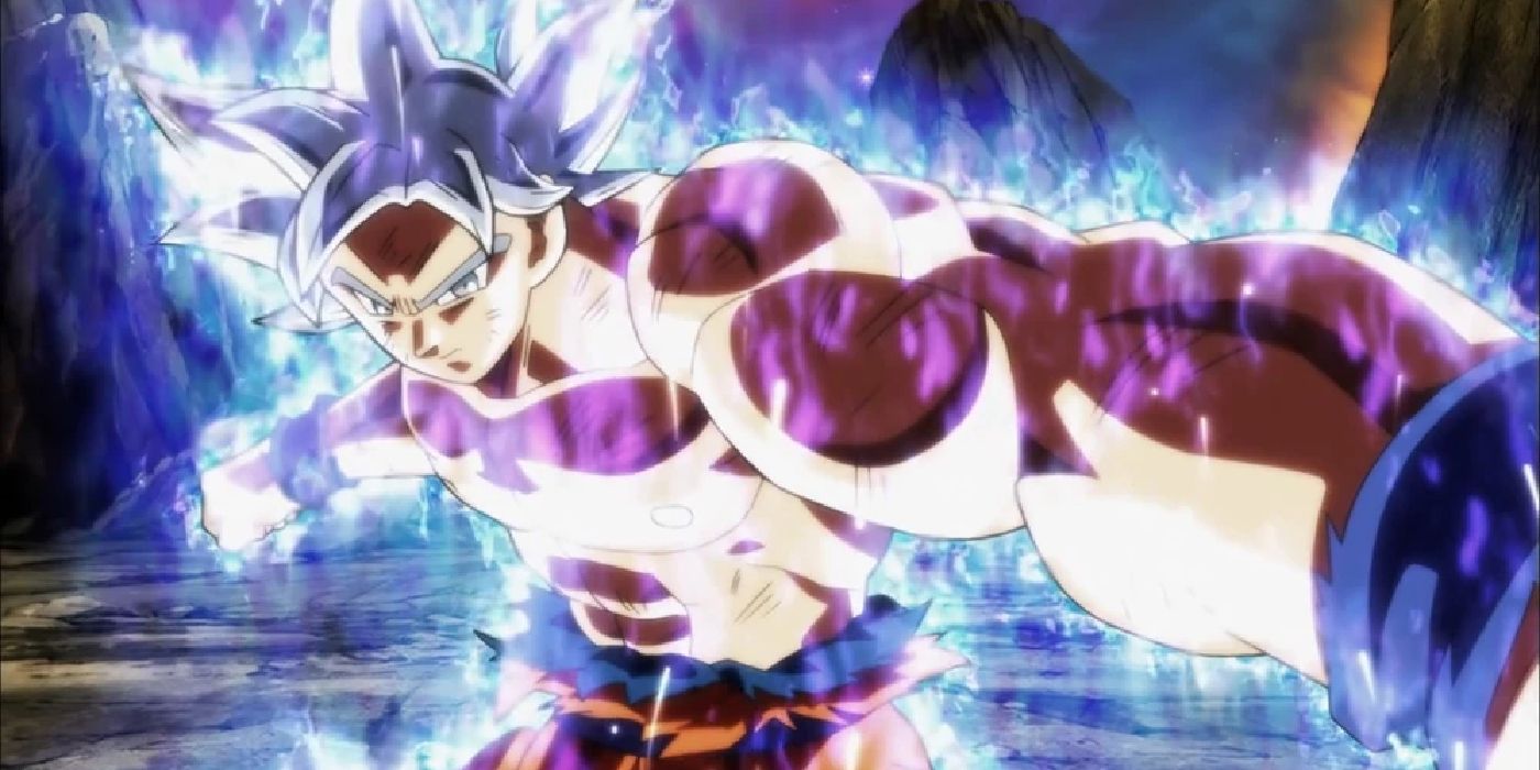 Ultra Instinct perfected. Goku swings to deliver a powerful punch to Jiren in Dragon Ball Super.