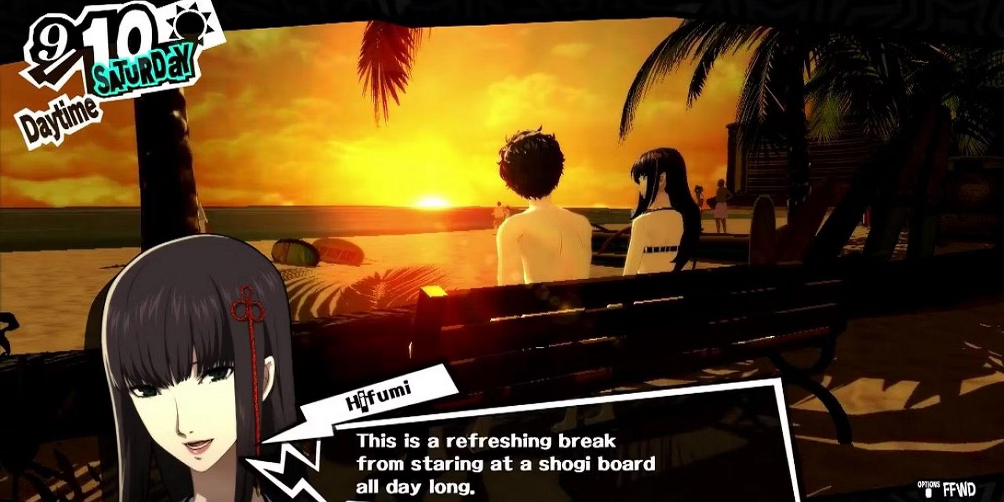 Persona 5's Hifumi Togo sits at the beach with Joker and discusses her philosophy on breaks.