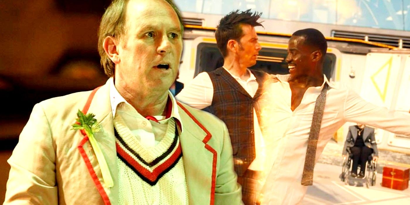 Peter Davison as the Doctor looking shocked while Ncuti Gatwa and David Tennant bigenerate in Doctor Who