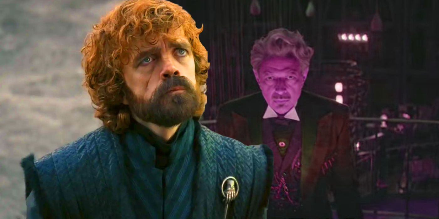 A collage of Peter Dinklage as Tyrion Lannister in Game of Thrones & Jeff Goldblum as the Wizard in Wicked
