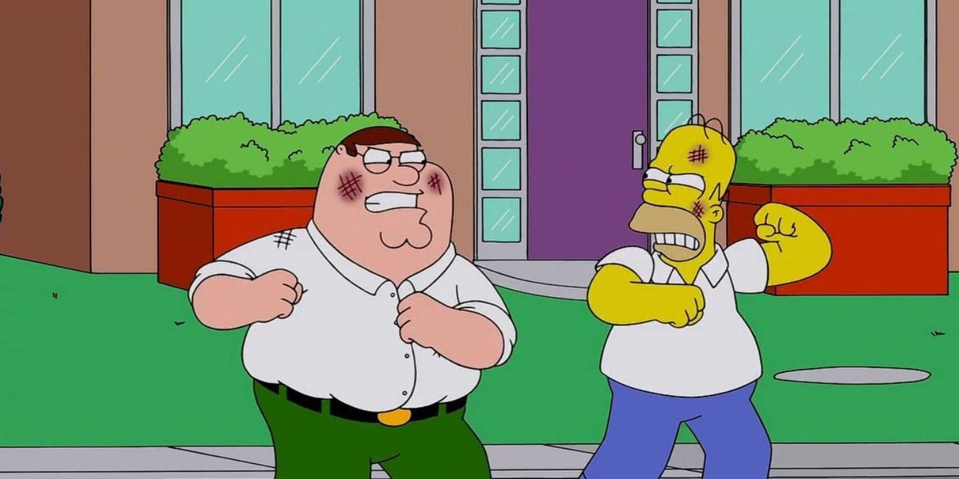 Peter Griffin and Homer Simpson fighting in The Family Guy episode The Simpsons Guy.-1
