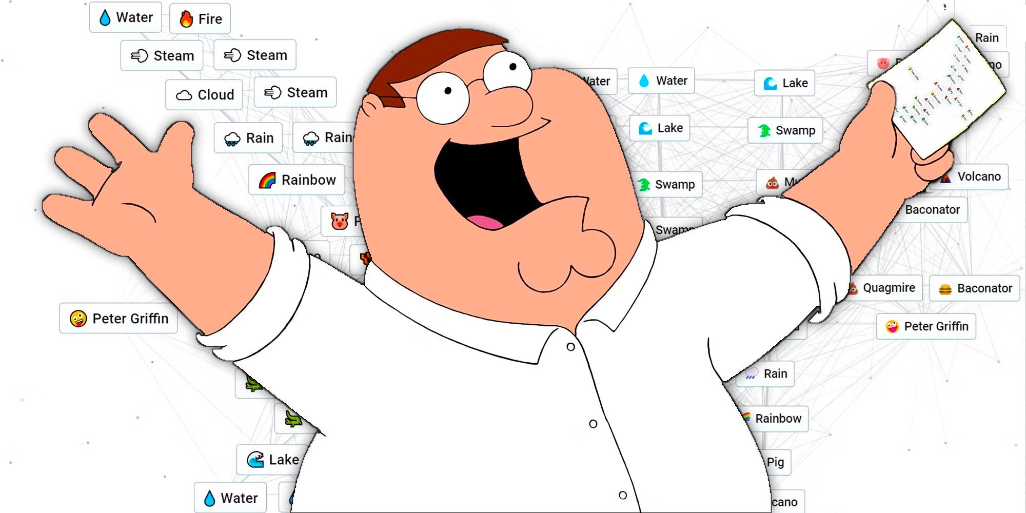 Peter Griffin raising his hand with Infinite Craft elements in the background