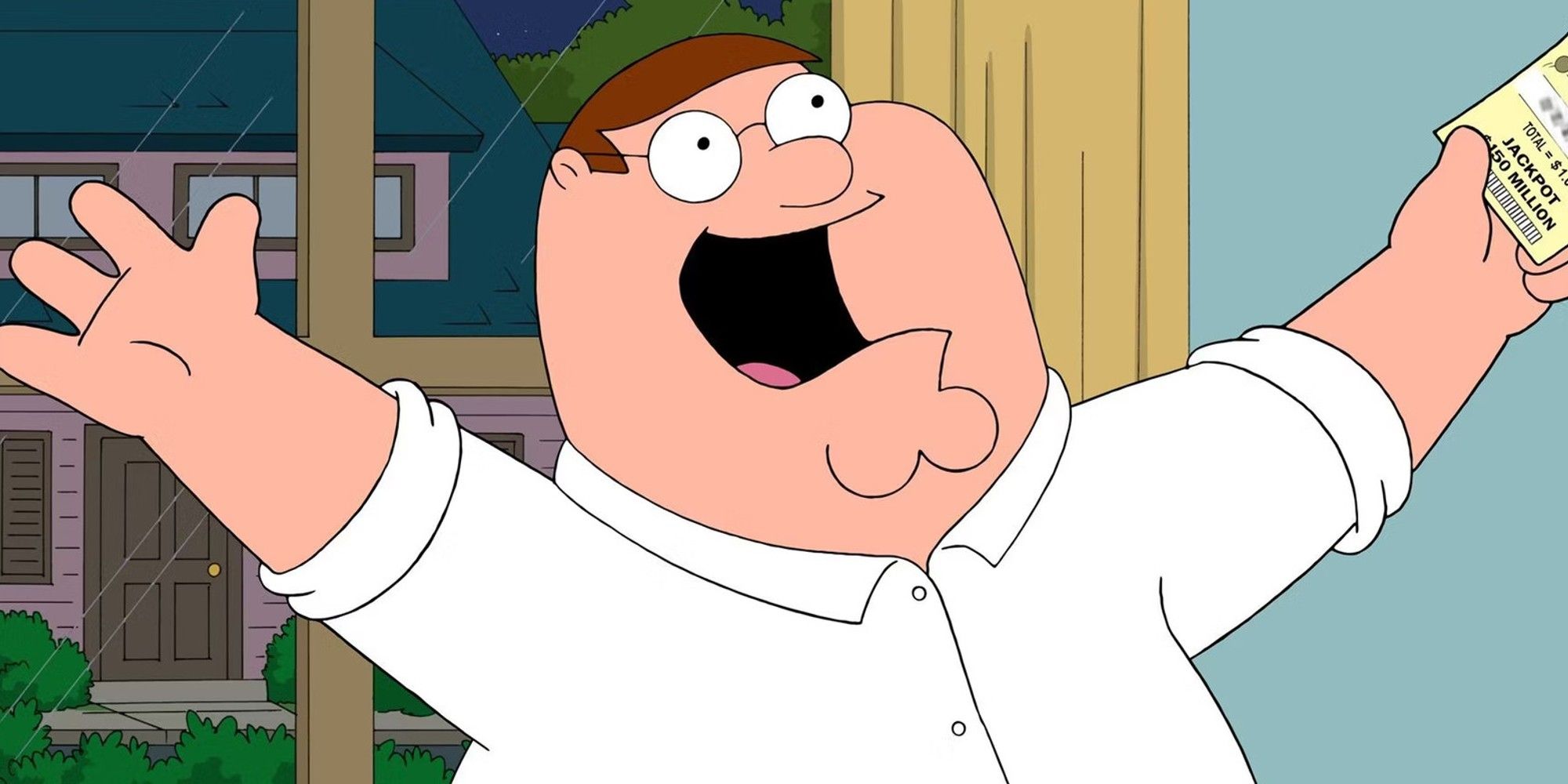 Peter looking super happy while holding onto a paper in Family Guy