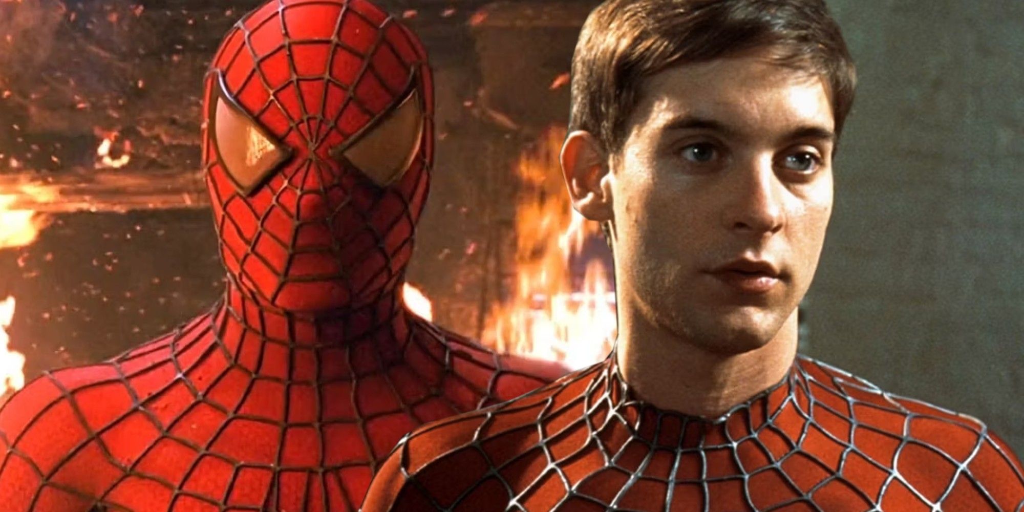Peter Parker in his Spider-Man suit with and without the mask in Spider-Man 2