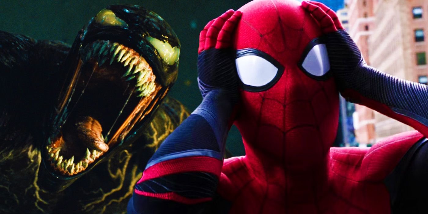 Peter Parker shocked at the end of Spider-Man Far From Home with Venom opening his mouth in the SSU