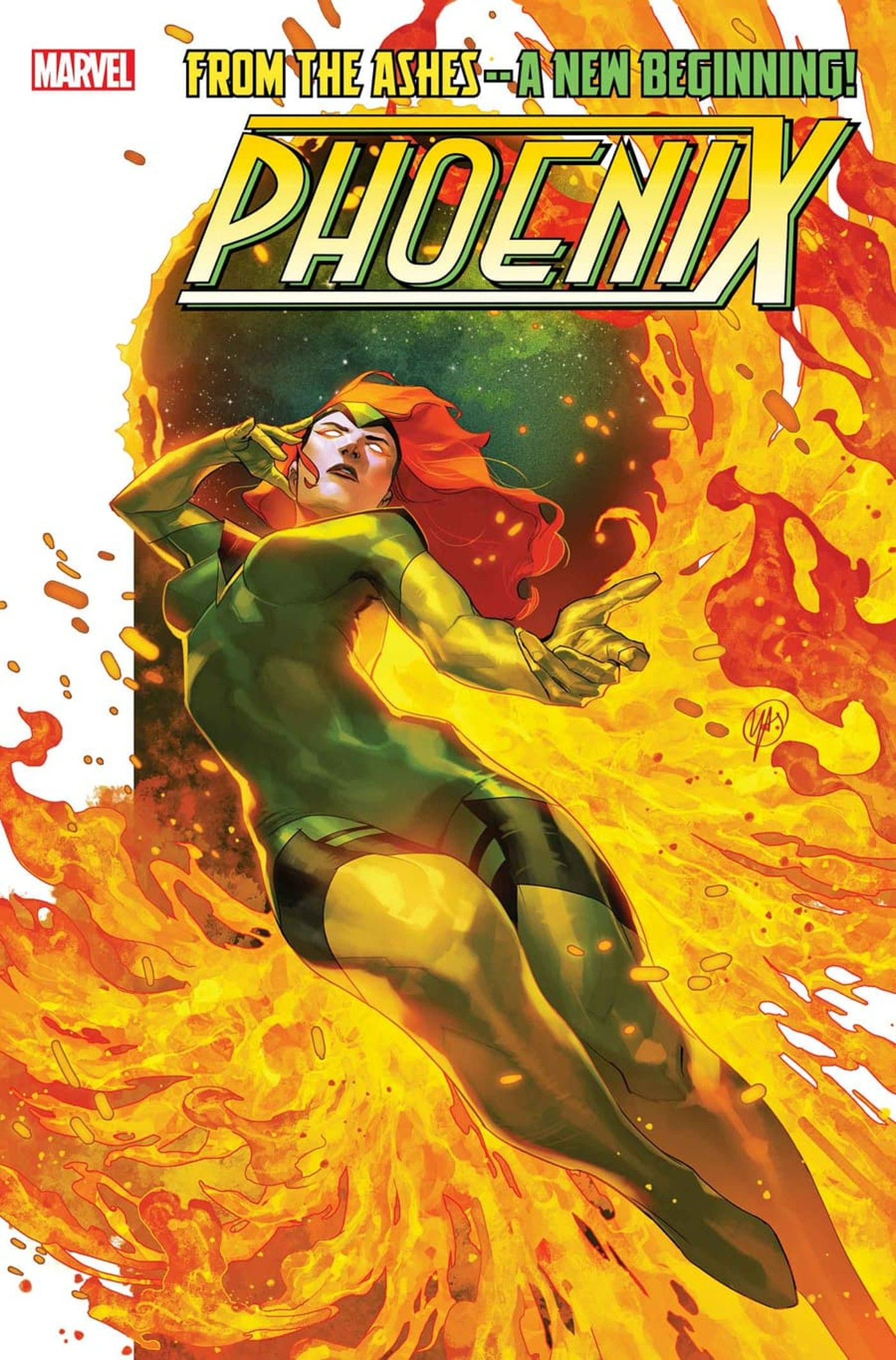 Phoenix #1 main cover by Yasmin Putri, Jean with phoenix wings made of fire.