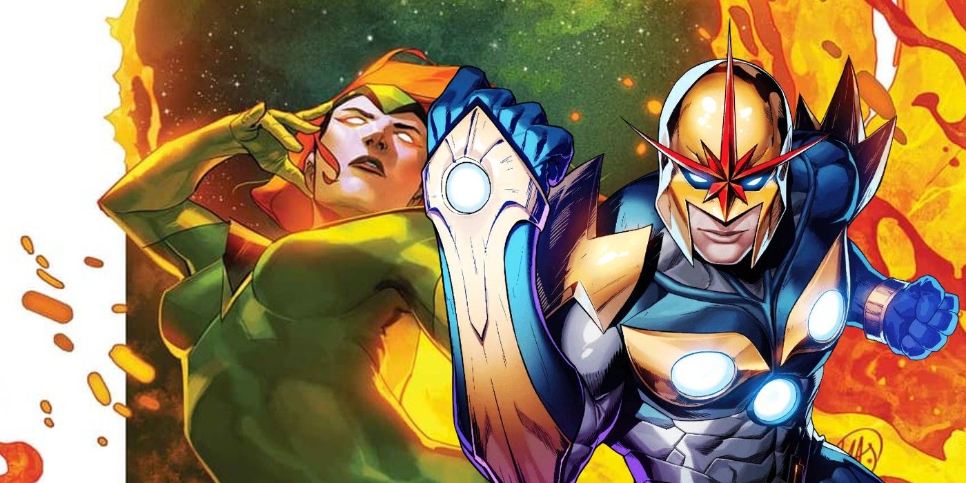 Jean Grey dos X-Men como Fênix (à esquerda) e a heroína cósmica da Marvel Nova (à direita) em um cenário de estrelas e fogo.
