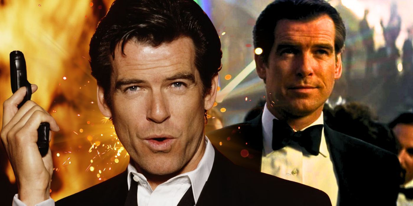 Two images of Pierce Brosnan as James Bond wearing his trademark black tie suit.