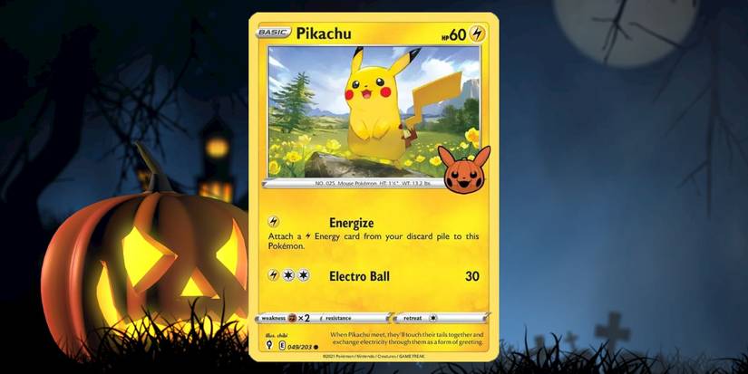 The Pikachu (Evolving Skies 049/203) Trick or Trade variant Pokémon card.
