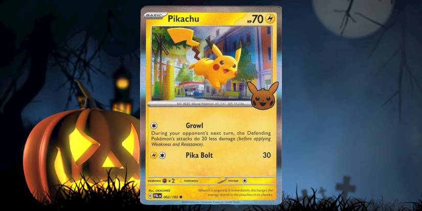 The Pikachu (Paldea Evolved 062/193) Trick or Trade variant Pokémon card.