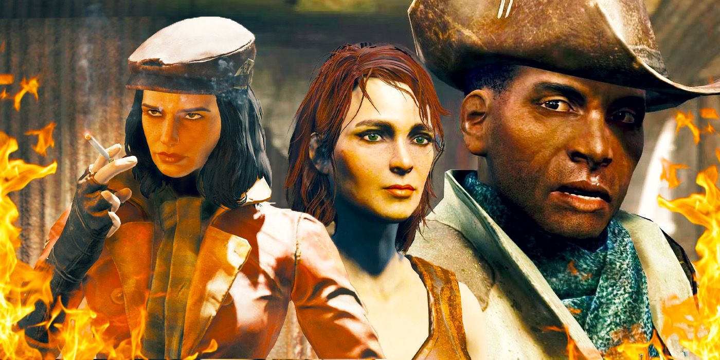 Piper, Preston, and Cait from Fallout 4 surrounded by flames.