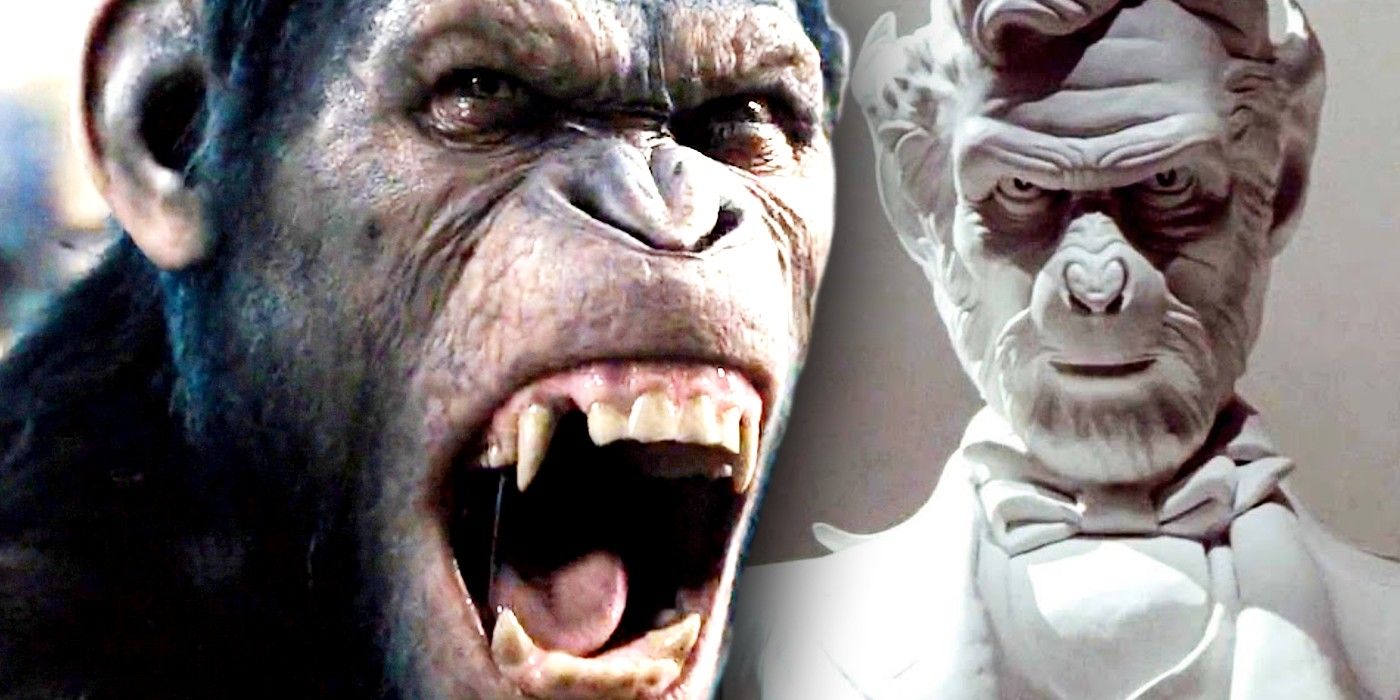 planet of the apes chimp with the tim burton version abraham lincoln statue behind him