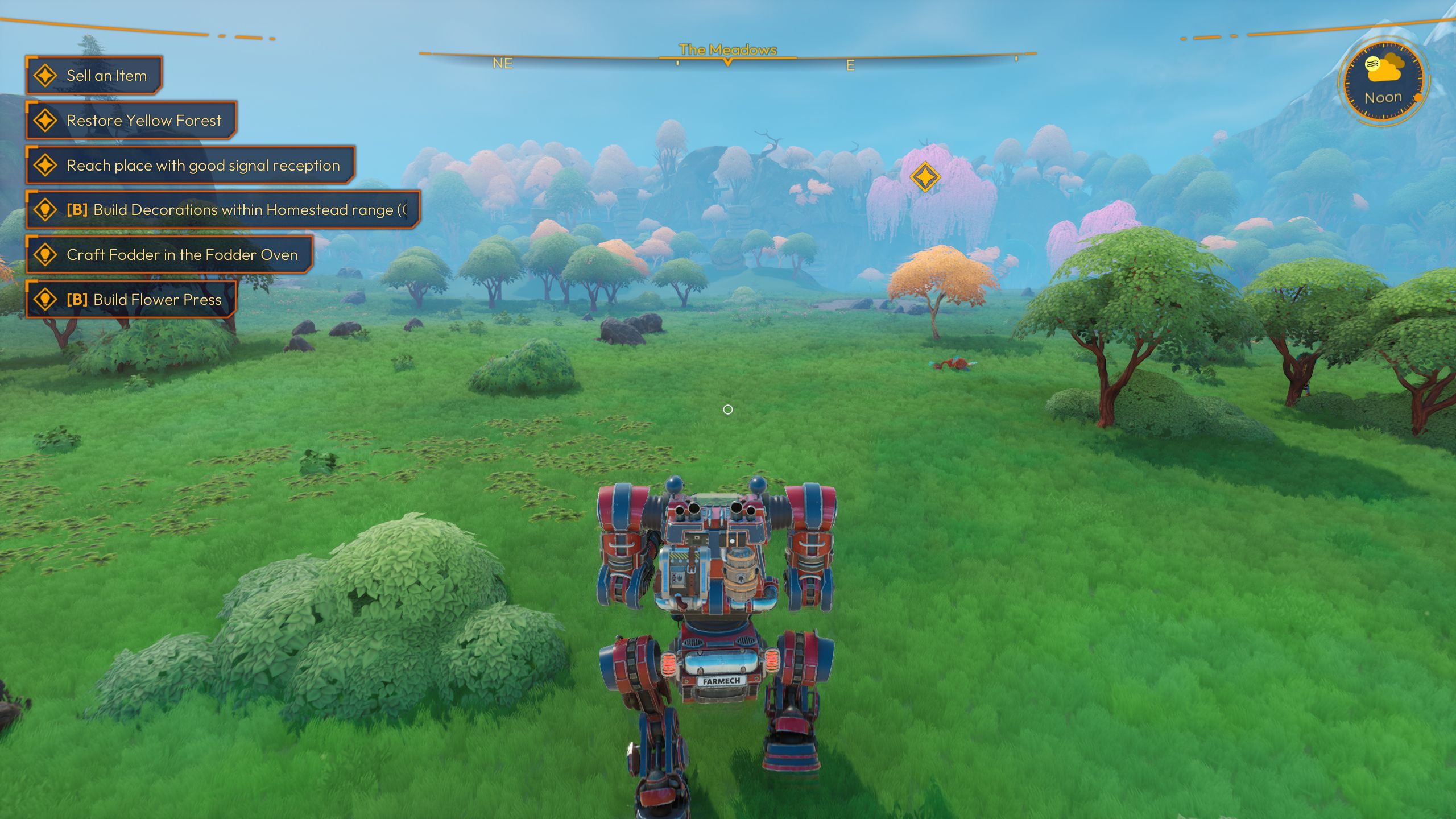 Jogador Mech correndo pelo bioma Cloudy Meadows na Lightyear Frontier