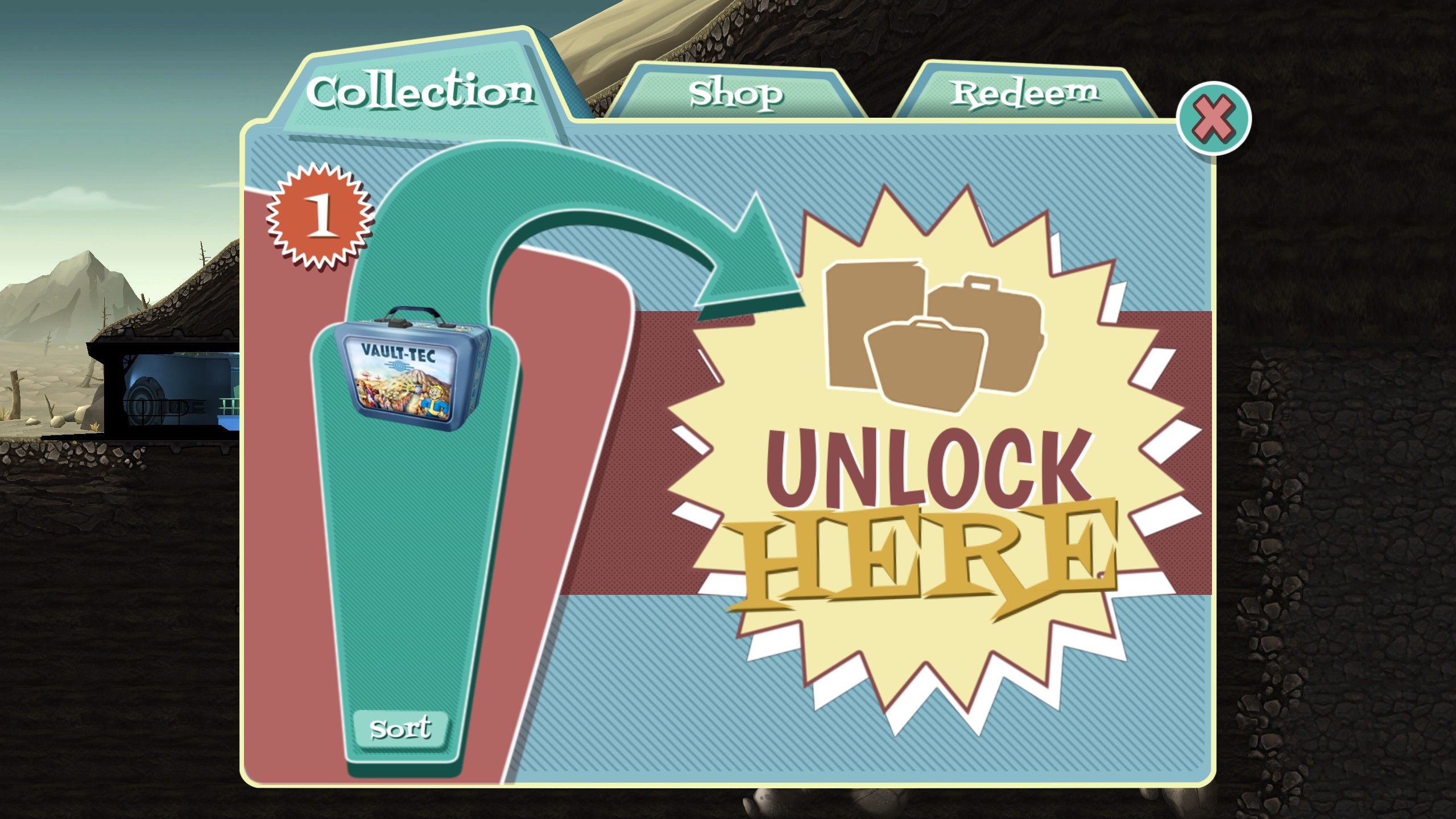 Jogador abrindo lancheira no menu de coleção do Fallout Shelter