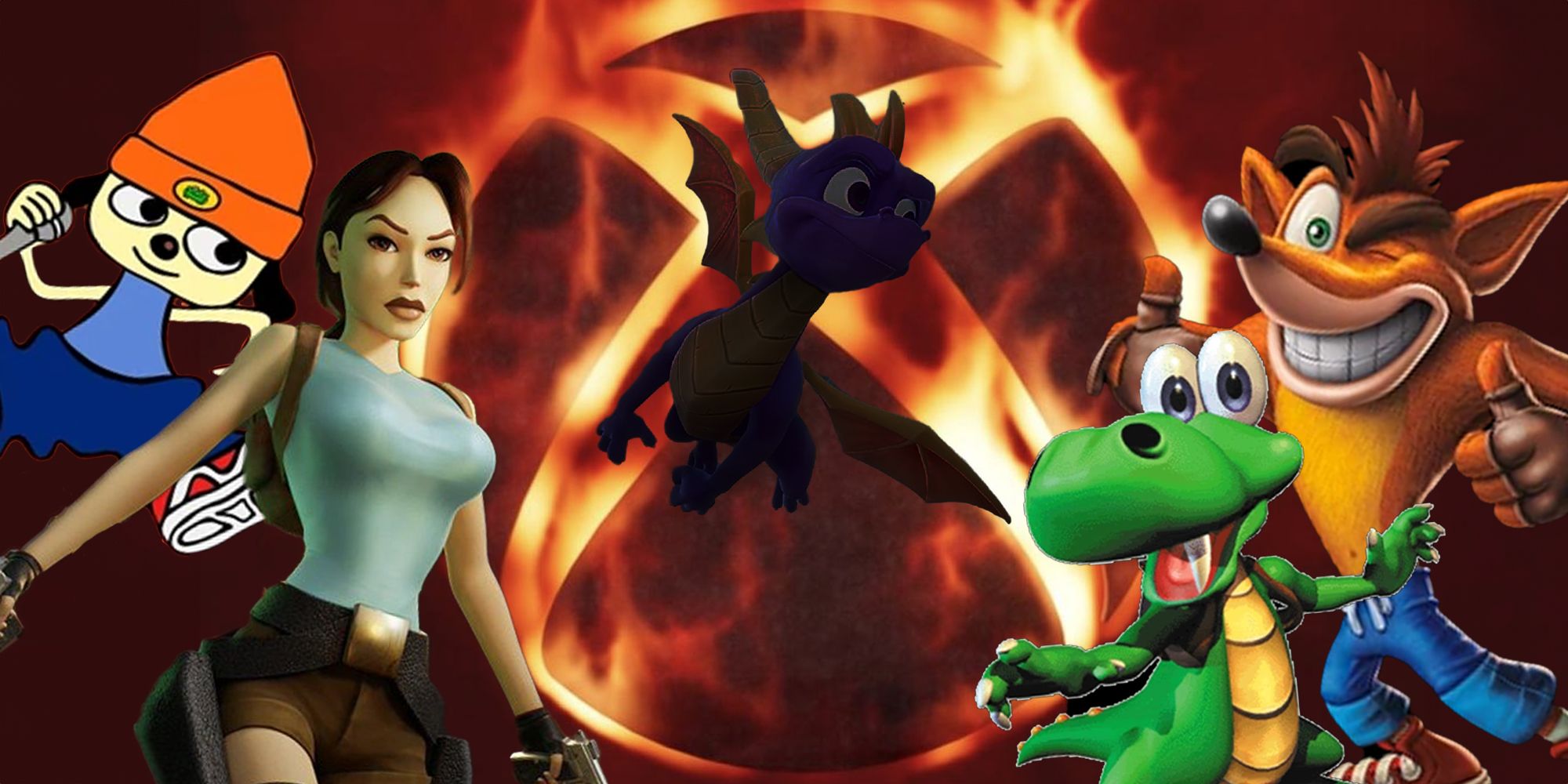 PlayStation 1 mascots Parappa the Rapper, Lara Croft, Croc and Crash Bandicoot with a silhouetted Spyro the dragon flying in front of a flaming Xbox logo