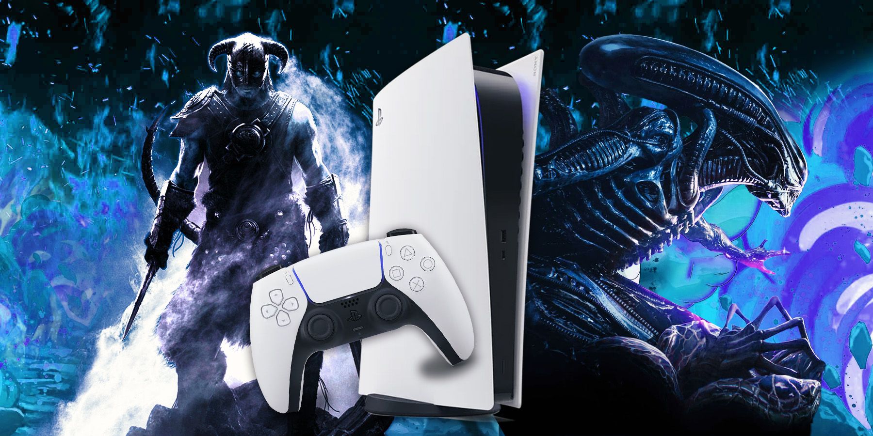 A PS5 in front of the Dragonborn from Skyrim and the xenomorph from Alien.