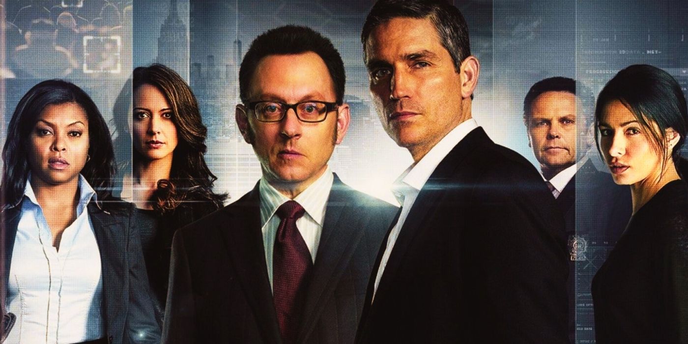 The main Person Of Interest Cast Members amid screens from the machine