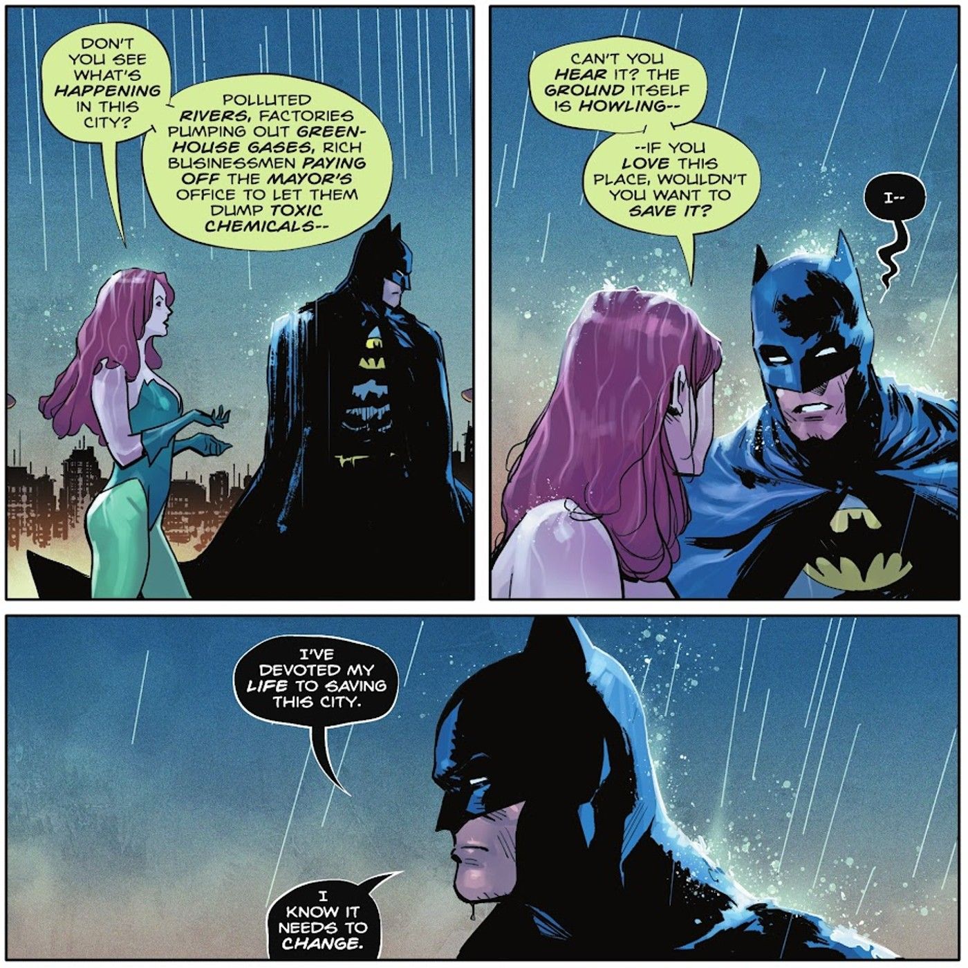 Comic book panels: Poison Ivy tries to convince Batman.