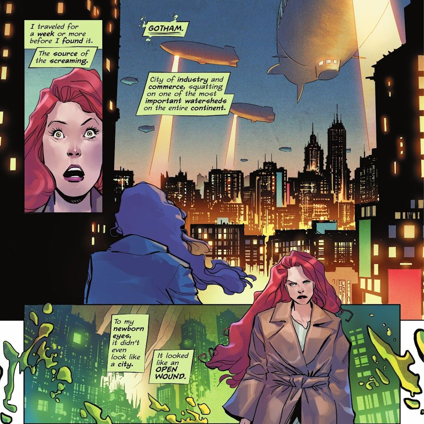 Comic book panels: Poison Ivy looks at Gotham.