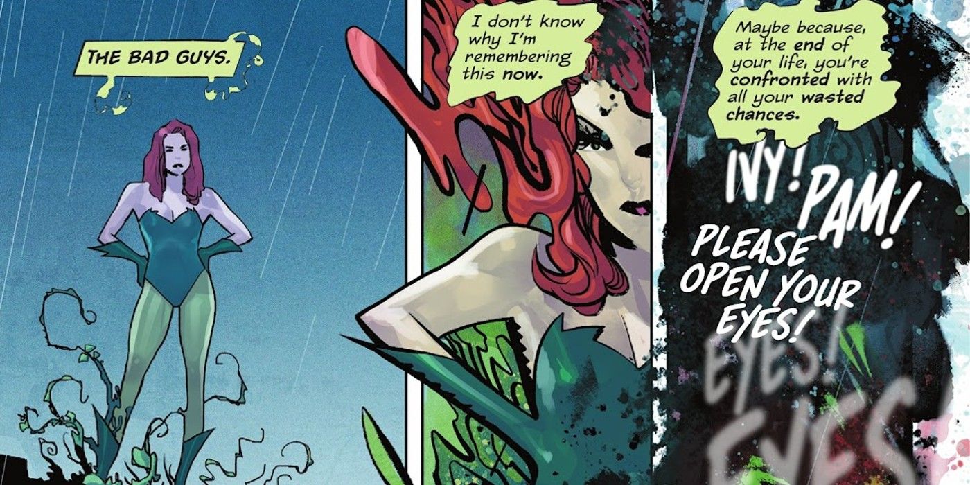 Comic book panels: Poison Ivy fades away as she wakes up in pain.