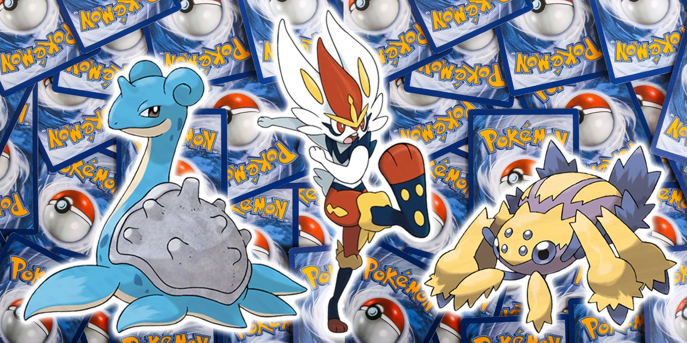Pokémon Lapras, a blue creature with a shell, Cinderace, a white bunny with red clothing, and Galvantula an orange spider, standing on top of Pokemon cards.