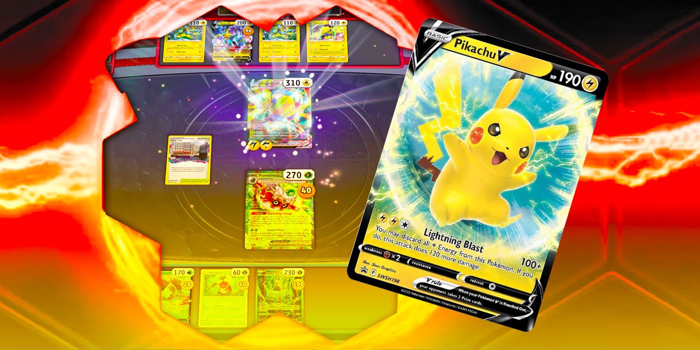 Pikachu V Card with cards in play in the background from Pokémon TCG Live