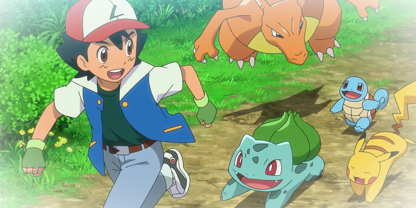 Pokemon: Ash running with Charizard, Squirtle, Bulbasaur, and Pikachu following.