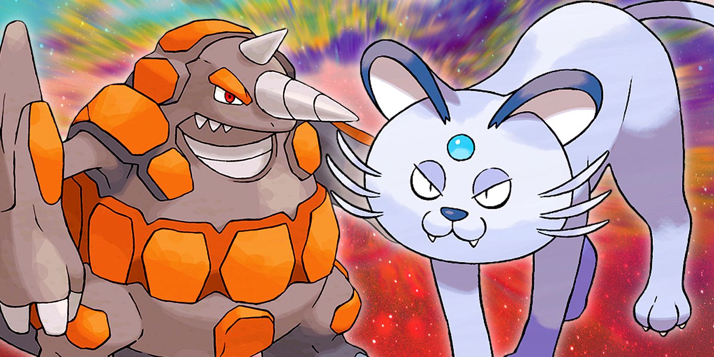Rhyperior to the left and Alolan Persian to the right with a red starry background.
