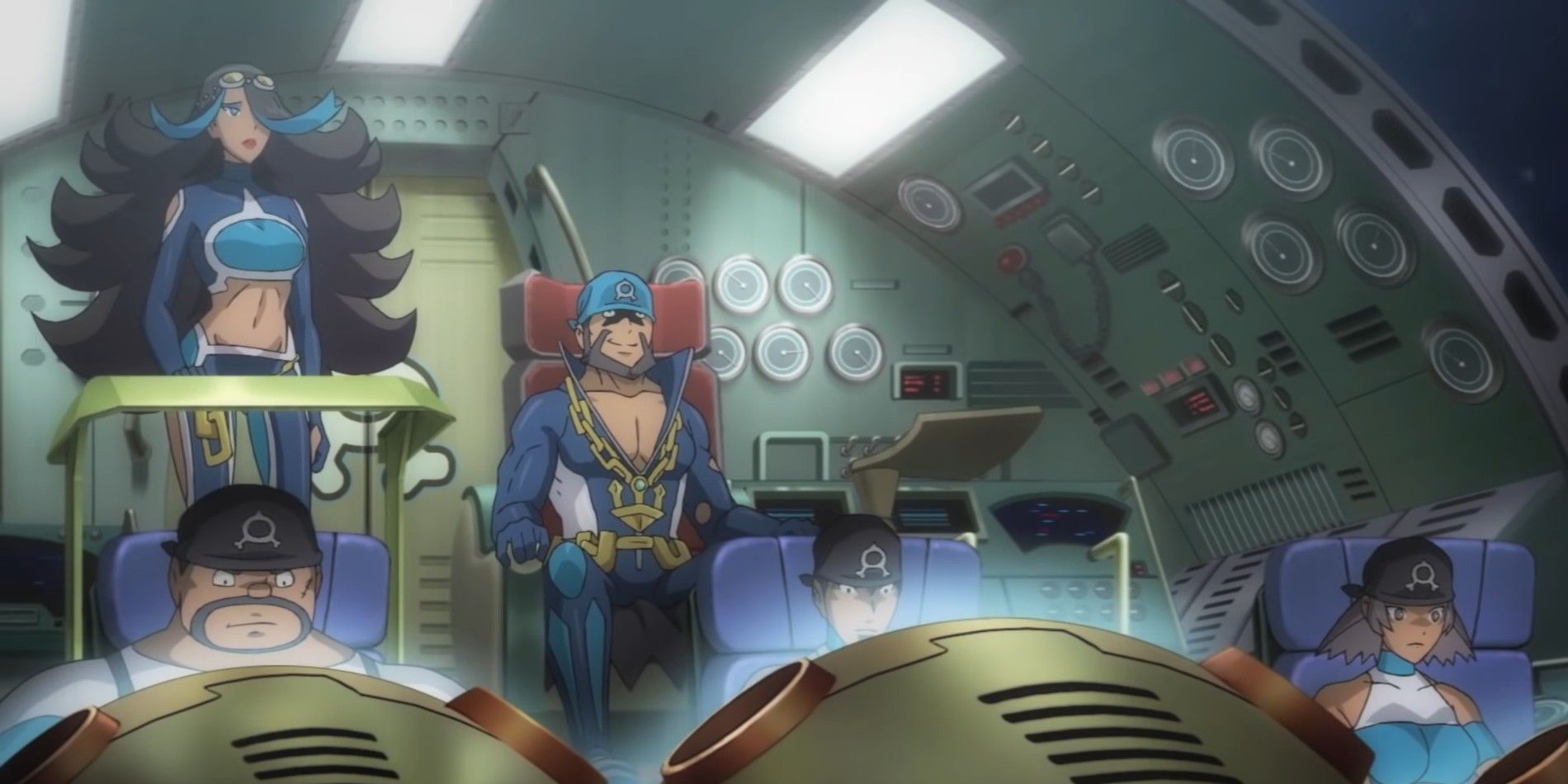 Membros da Equipe Aqua, incluindo Archie e Shelly, a bordo de seu submarino no anime Pokémon Generations​​​​​​​.