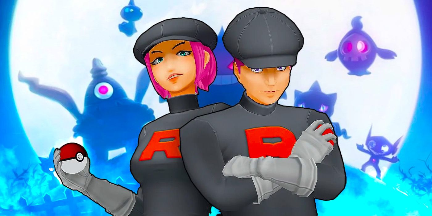 Team GO Rocket Grunts pose in front, with Ghost-type Pokémon from Pokémon GO in the background.