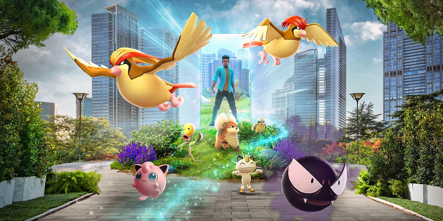 A Pokémon GO avatar standing in a sort of portal doorway surrounded by a variety of Gen 1 Pokémon.