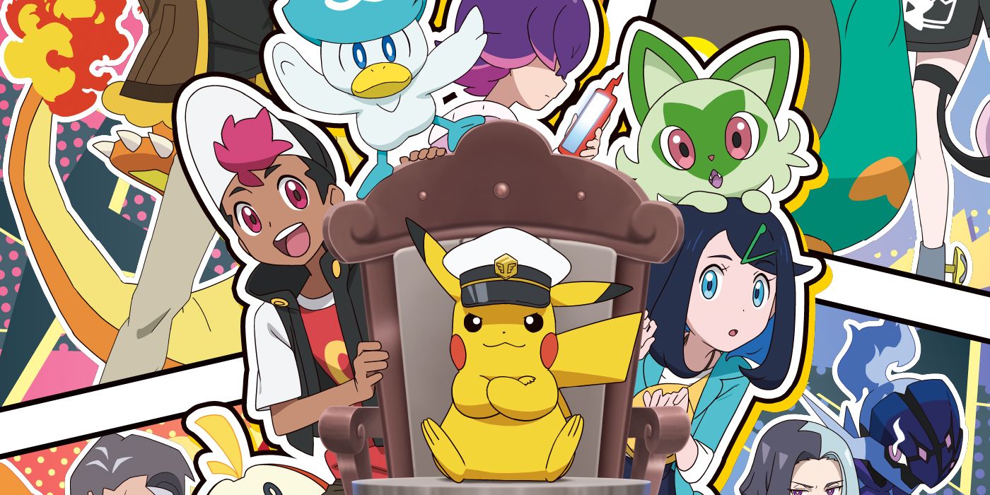 Pokemon Horizons: group shot of Liko, Roy, Dot, Captain Pikachu, Quaxly and Sprigatito.