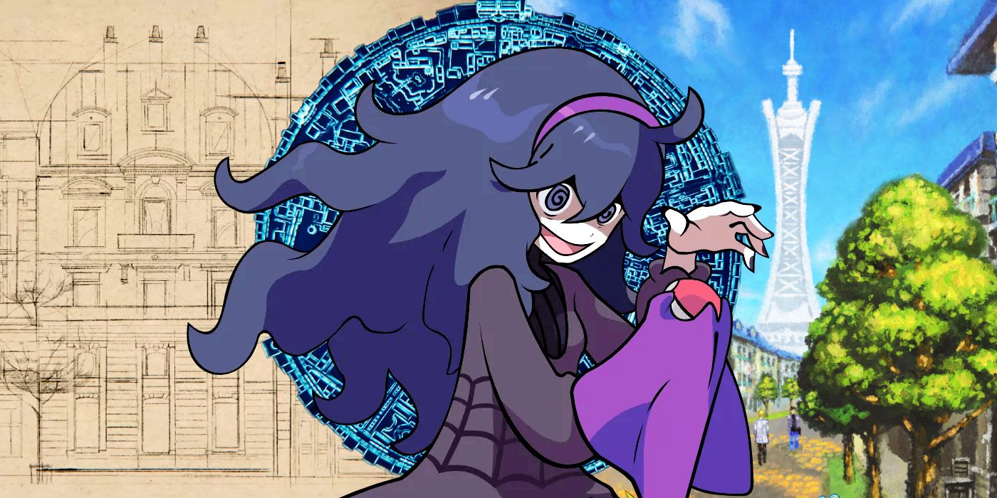 Pokémon character art of the Hex Maniac Trainer in front of various depictions of Lumiose City.