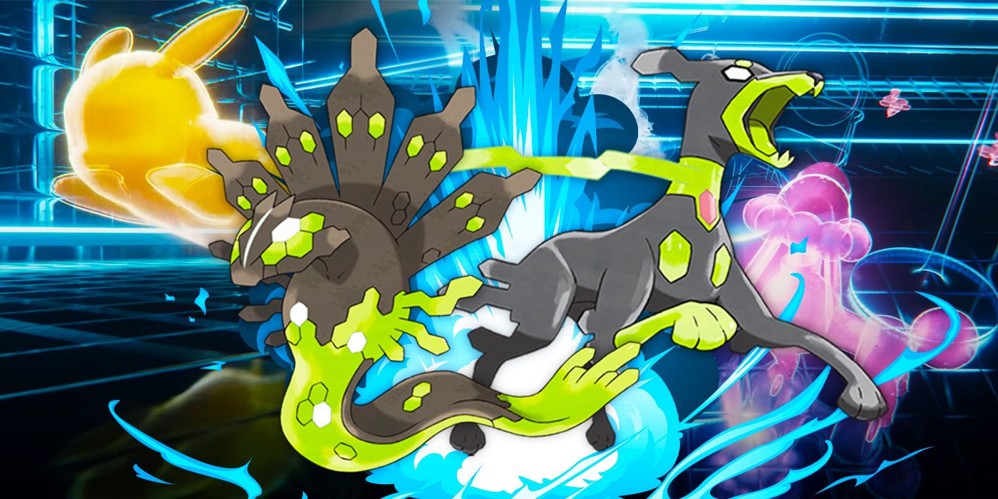 Two of Zygarde's forms in front of imagery from the Pokémon Legends: Z-A announcement trailer.