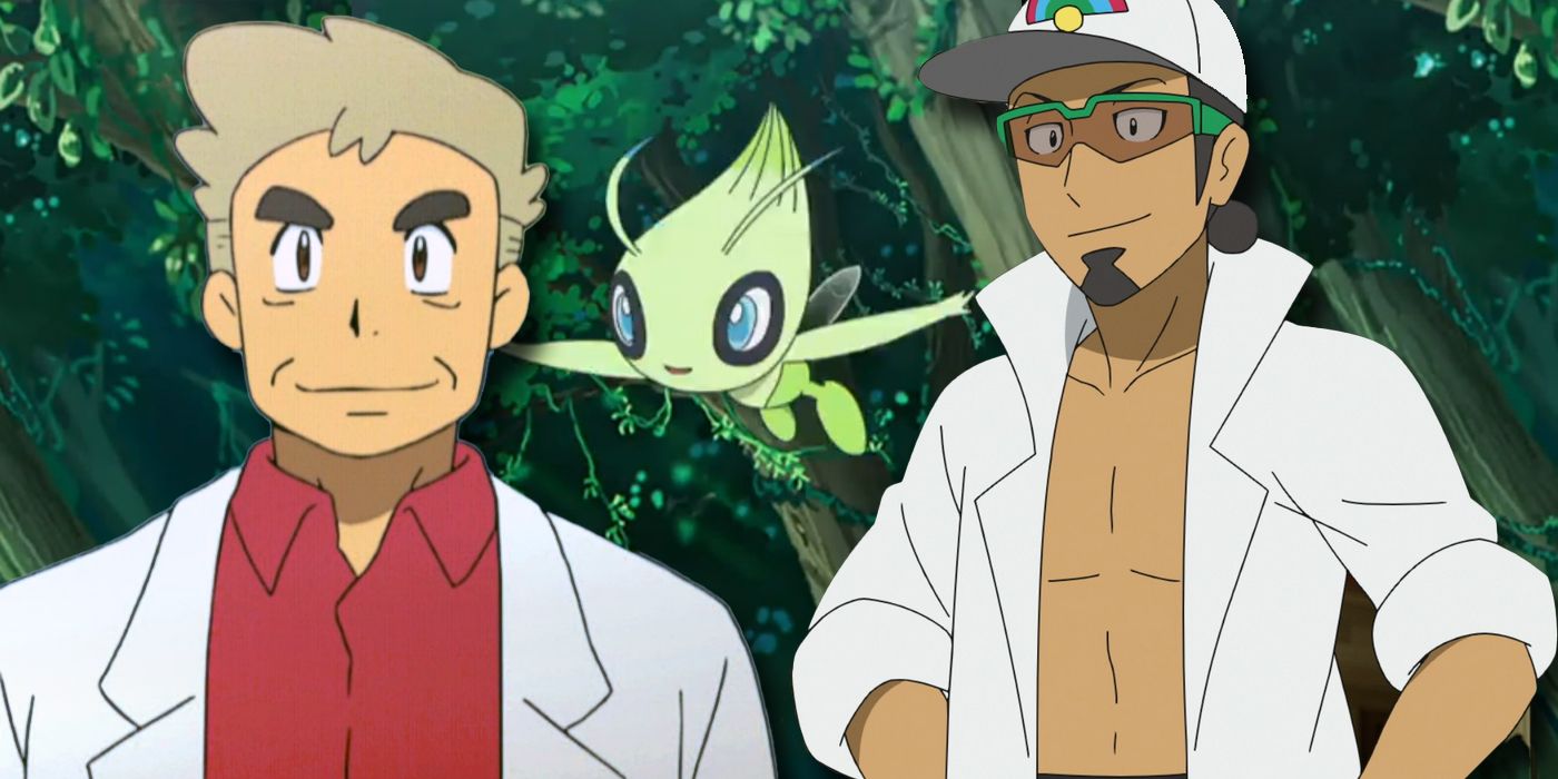 Pokemon: Professors Oak and Kukui in front of a Celebi in the forest.