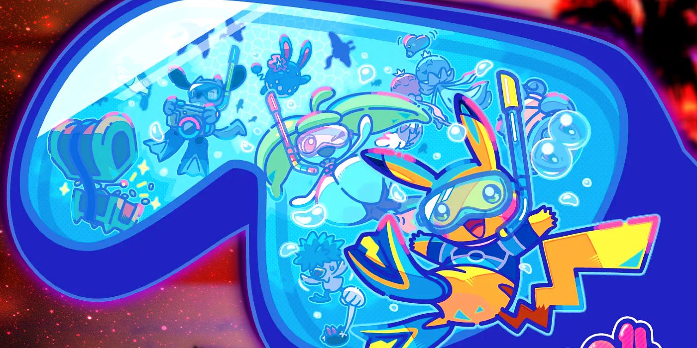 Pokemon Worlds 2024 Honolulu's logo with Pikachu in skuba gear and Pokémon swimming, reflected off a mask.