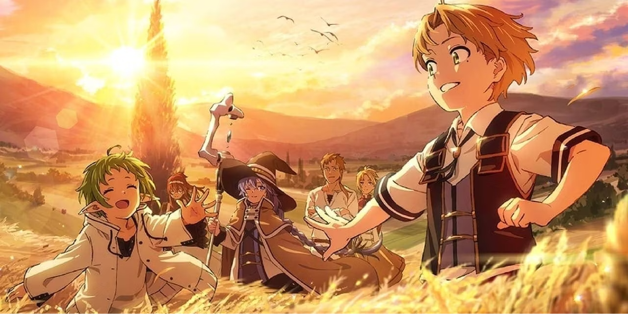 Poster of Jobless Reincarntion of Rudeus, Roxy and Sylphy in a wheat farm
