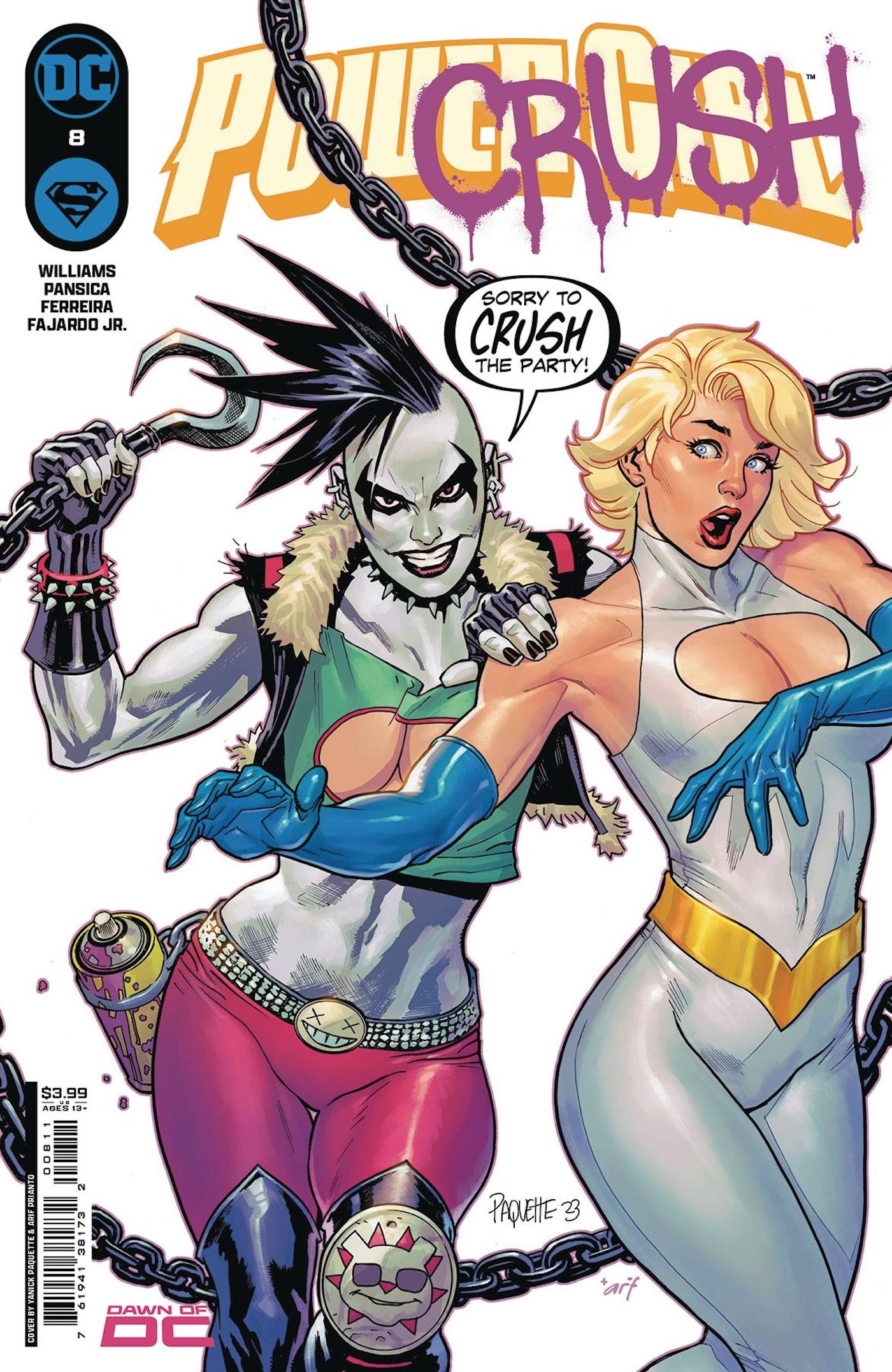 Power Girl 8 Main Cover: Crush pushes Power Girl out of frame.