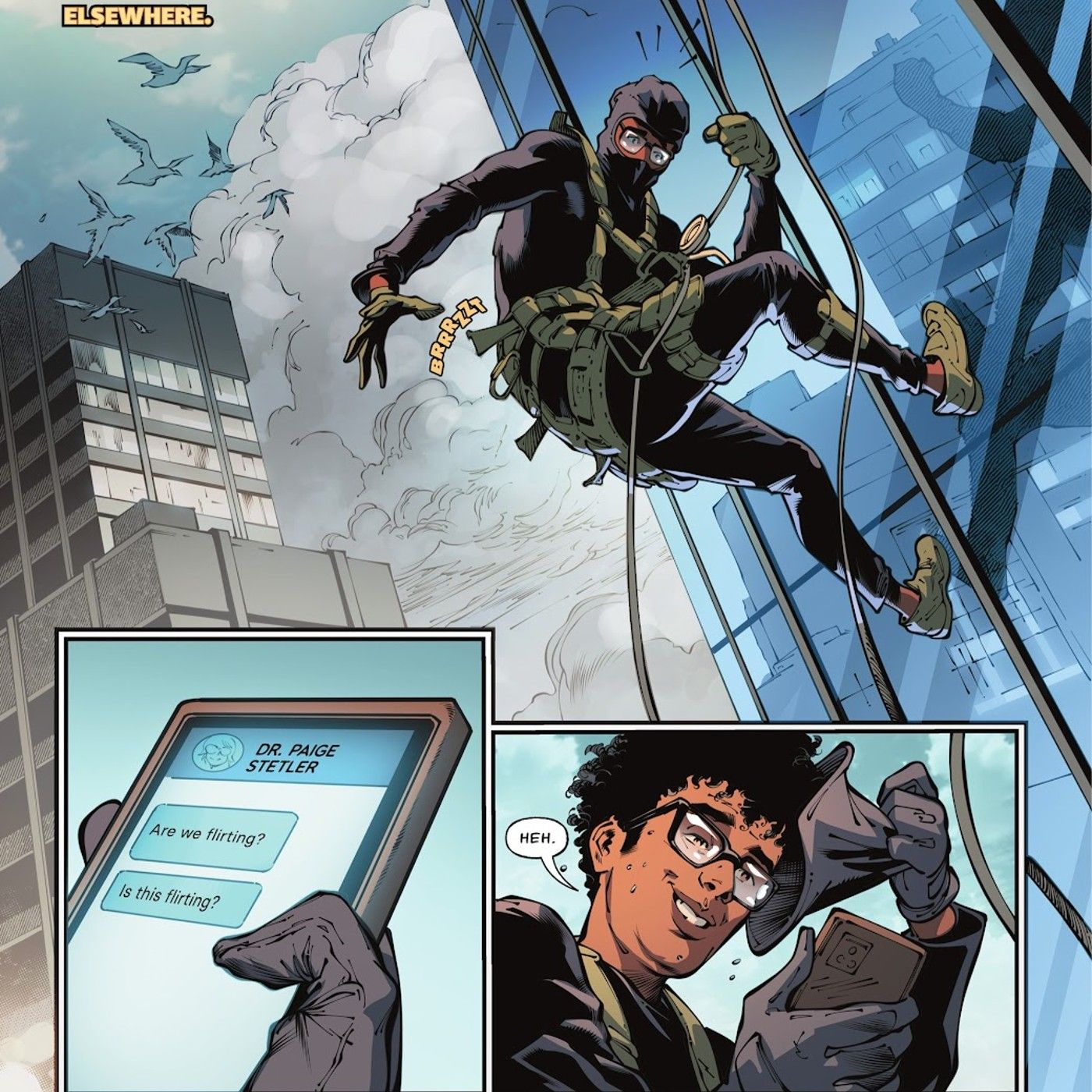Painéis de quadrinhos: Power Girl flerta com Axel Gust, que está lutando contra um prédio, por causa de um texto.