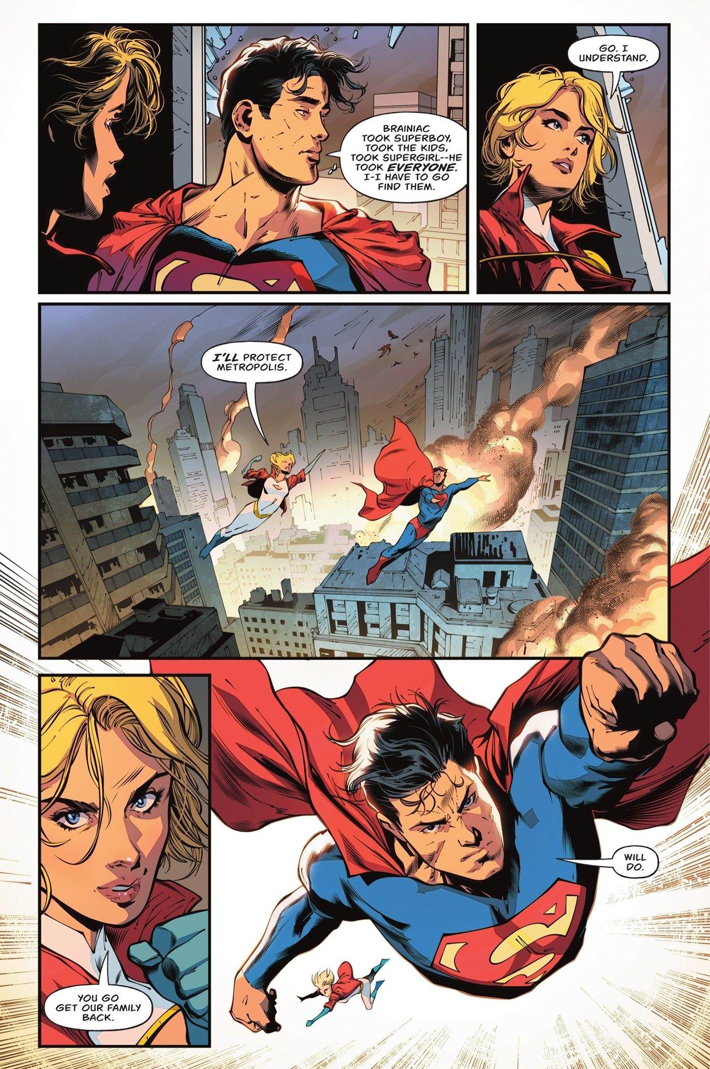 Cinco painéis de Superman e Power Girl conversando.