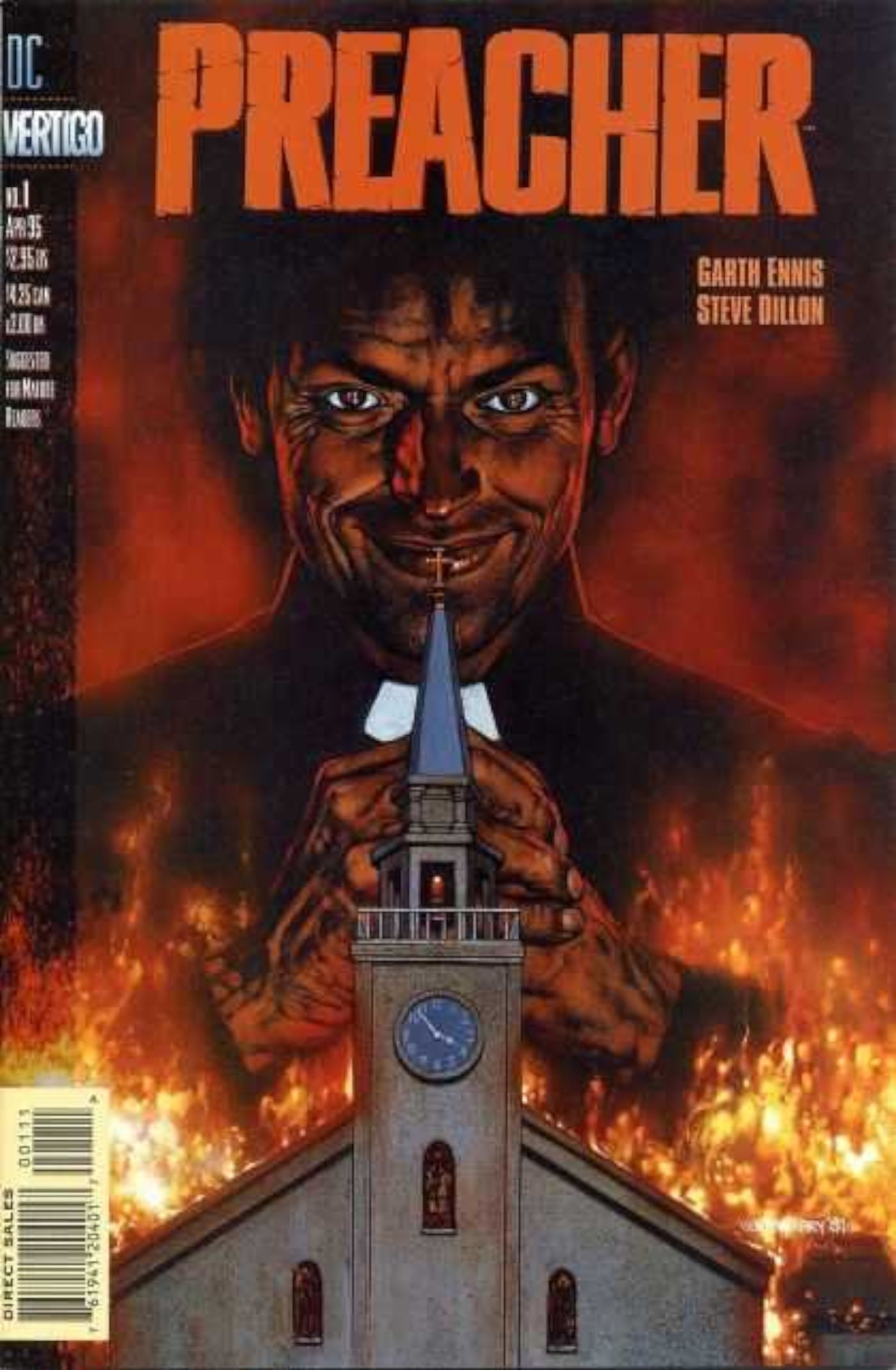 Preacher #1 Cover, Jessy Custer Looming Over Burning Church