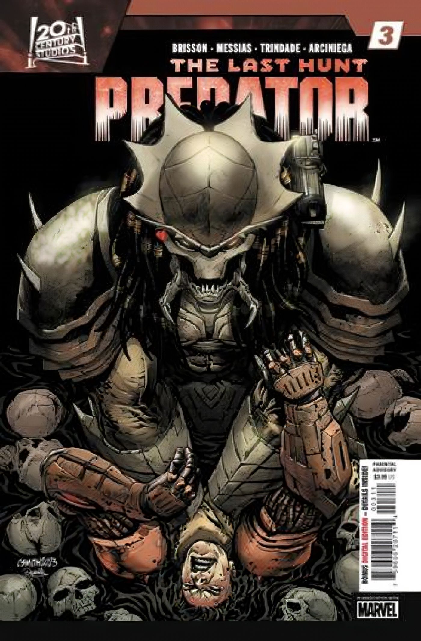 A capa de Predator: The Last Hunt #3 apresentando o Nightmare Hunter matando Theta.